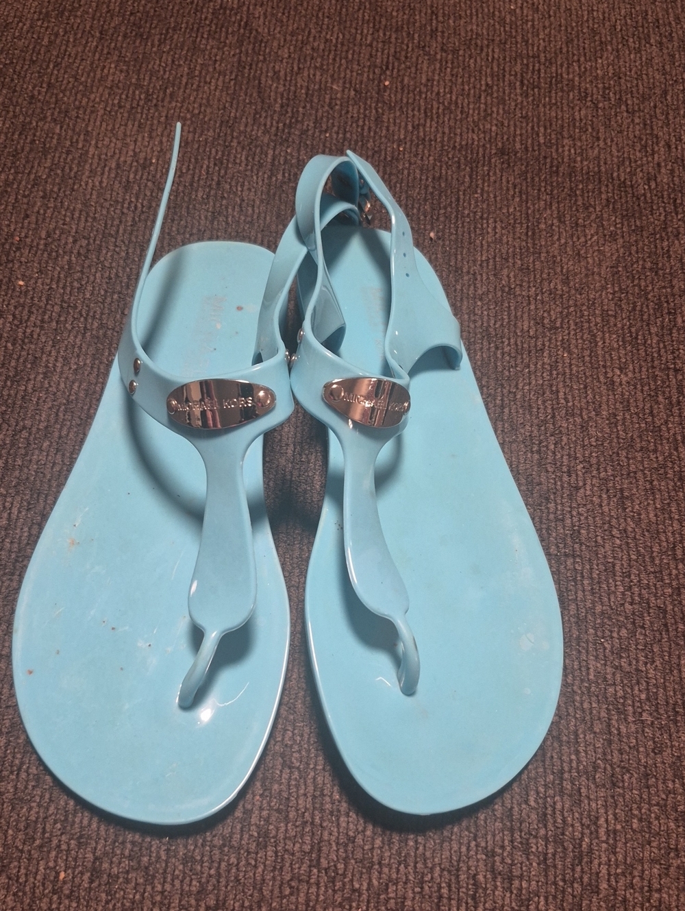 Michael Kors Light Blue Jelly Thong Sandals with Silver Logo Plate